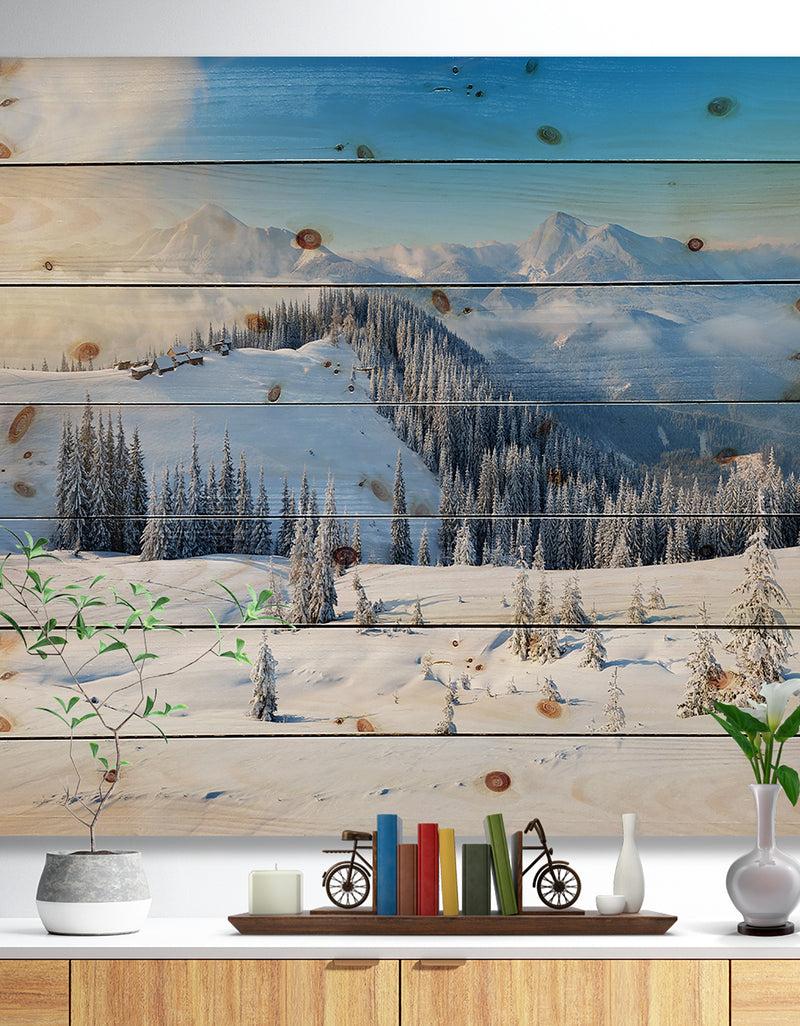 DesignQ Sunny Morning in Mountains - Landscape Print on Natural Pine Wood