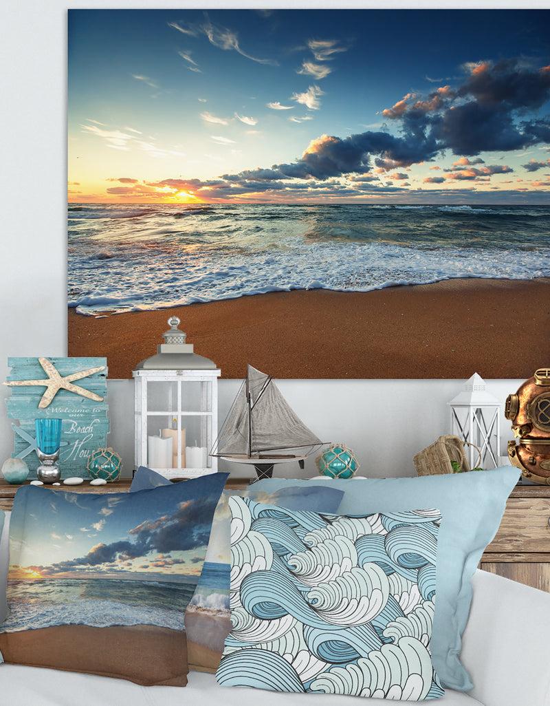 DesignQ Sunrise and Glowing Waves in Ocean - Seashore Canvas Wall Art