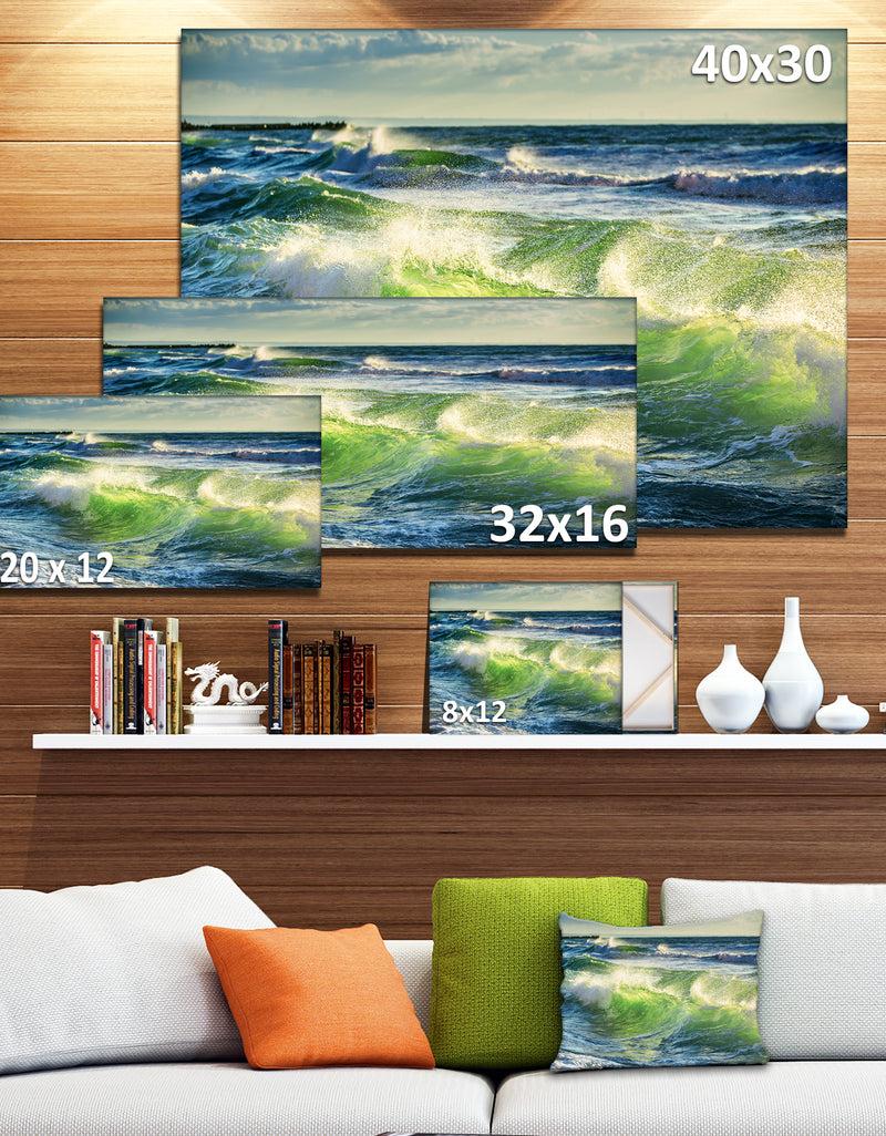 DesignQ Sunrise And Shining Waves In Ocean - Beach Canvas Wall Art