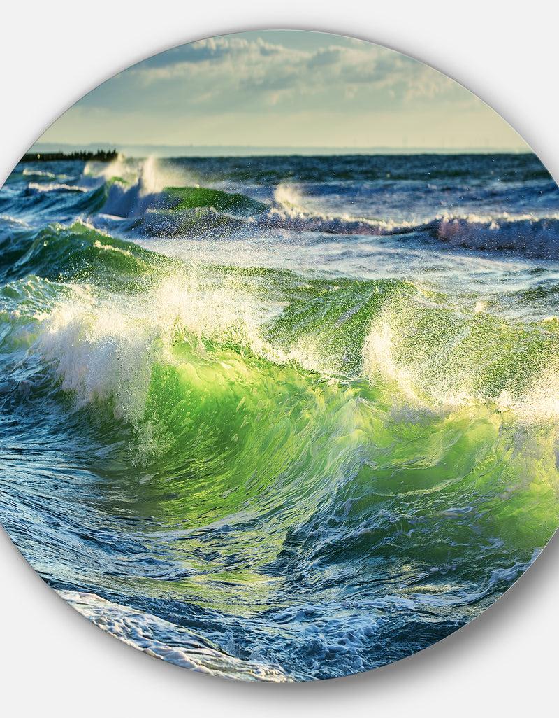 DesignQ Sunrise And Shining Waves In Ocean - Beach Round Wall Art