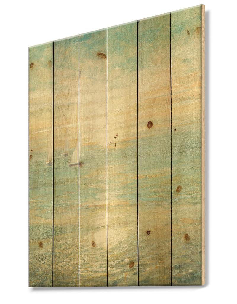 DesignQ Sunrise Boat I - Nautical & Coastal Print On Natural Pine Wood
