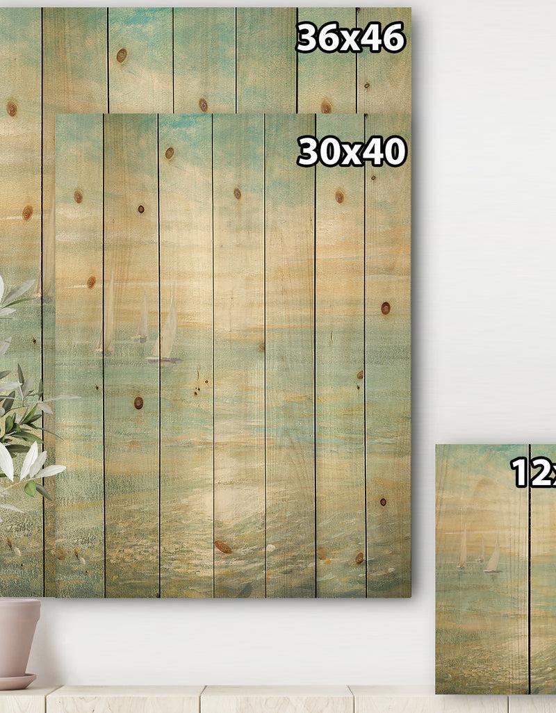 DesignQ Sunrise Boat I - Nautical & Coastal Print On Natural Pine Wood