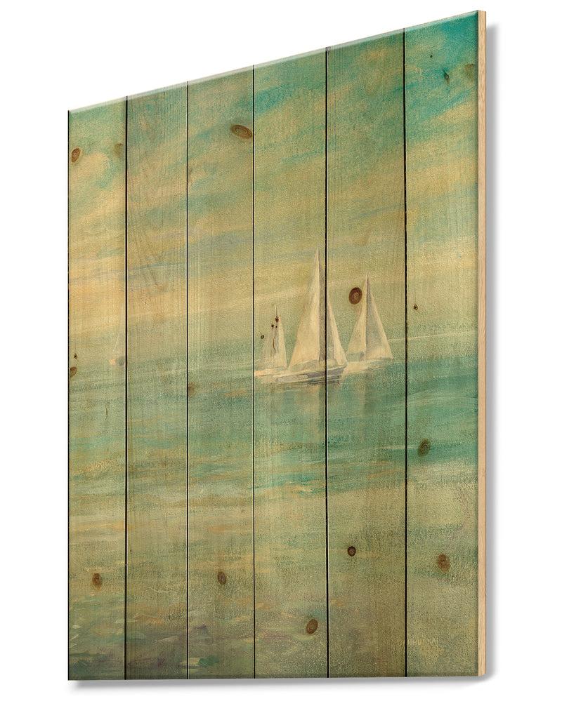 DesignQ Sunrise Boat II - Nautical & Coastal Print On Natural Pine Wood