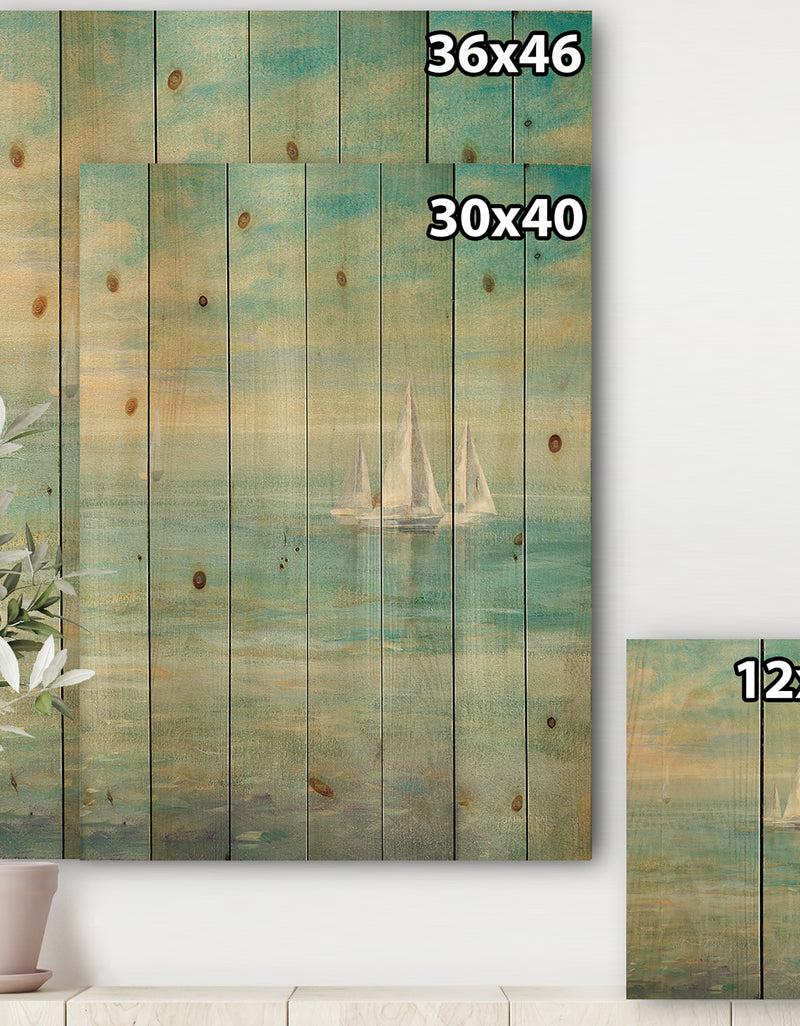 DesignQ Sunrise Boat II - Nautical & Coastal Print On Natural Pine Wood