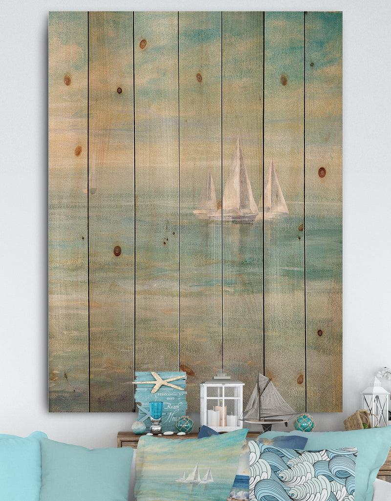 DesignQ Sunrise Boat II - Nautical & Coastal Print on Natural Pine Wood