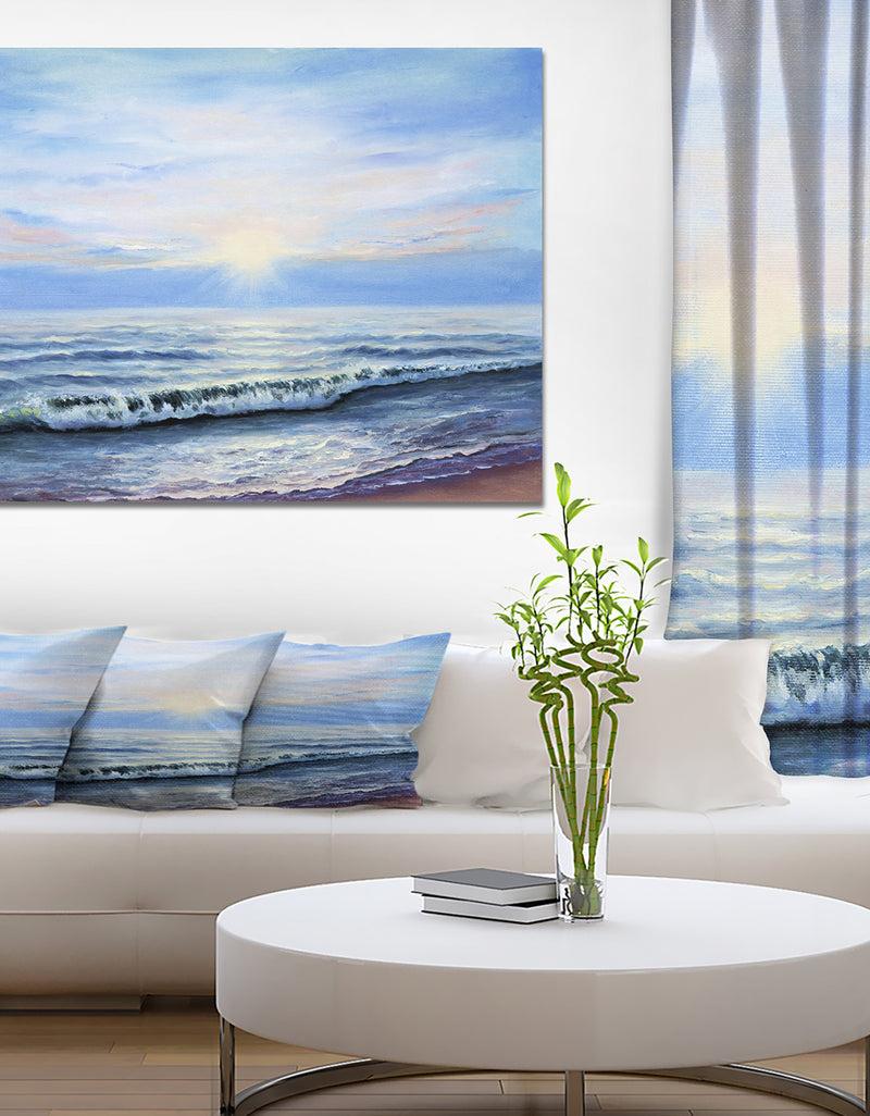 DesignQ Sunrise In Blue Sea - Sea & Shore Painting Print On Wrapped Canvas
