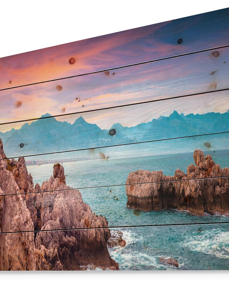 DesignQ Sunrise On Barbor Milazzo Panorama - Landscape Print On Natural Pine Wood