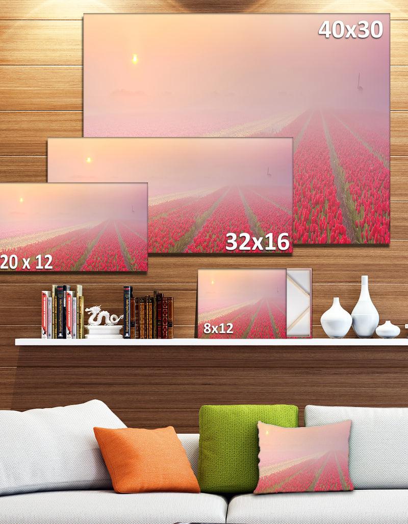 DesignQ Sunrise Over Rows Of Tulips - Landscape Wall Art Canvas Print