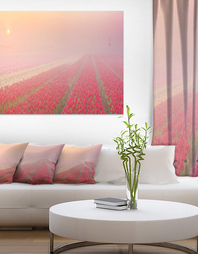 DesignQ Sunrise over Rows of Tulips - Landscape Wall Art Canvas Print