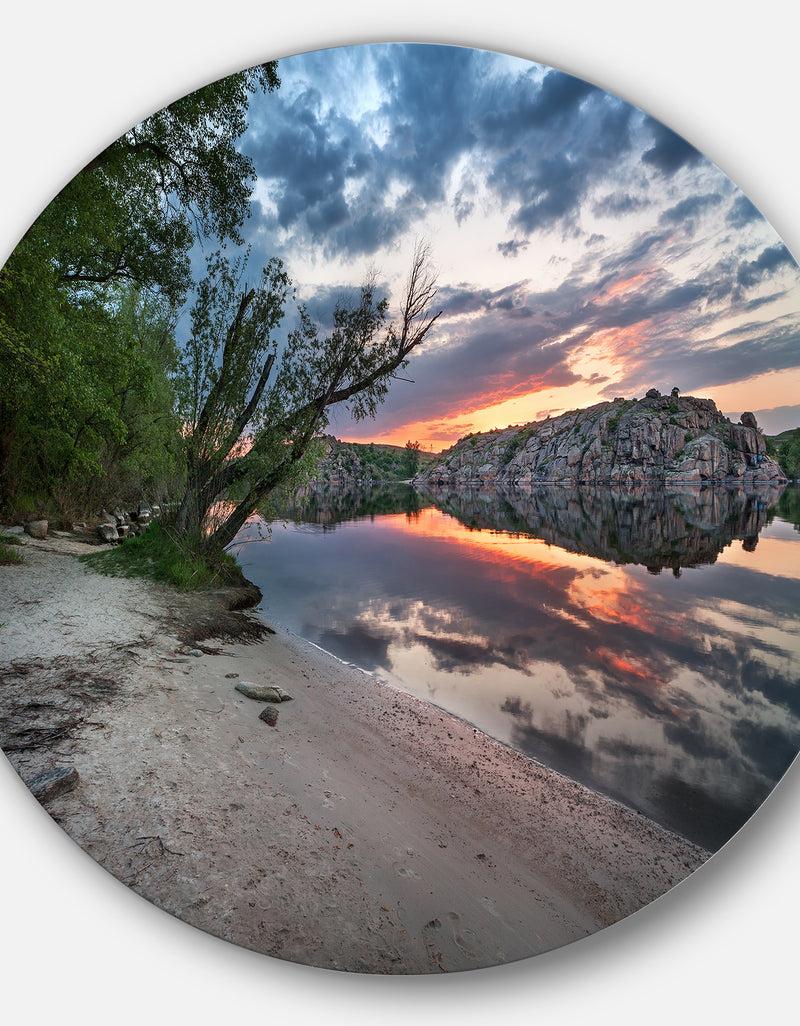 DesignQ Sunset At River With Rock - Landscape Photo Disc Metal Wall Art