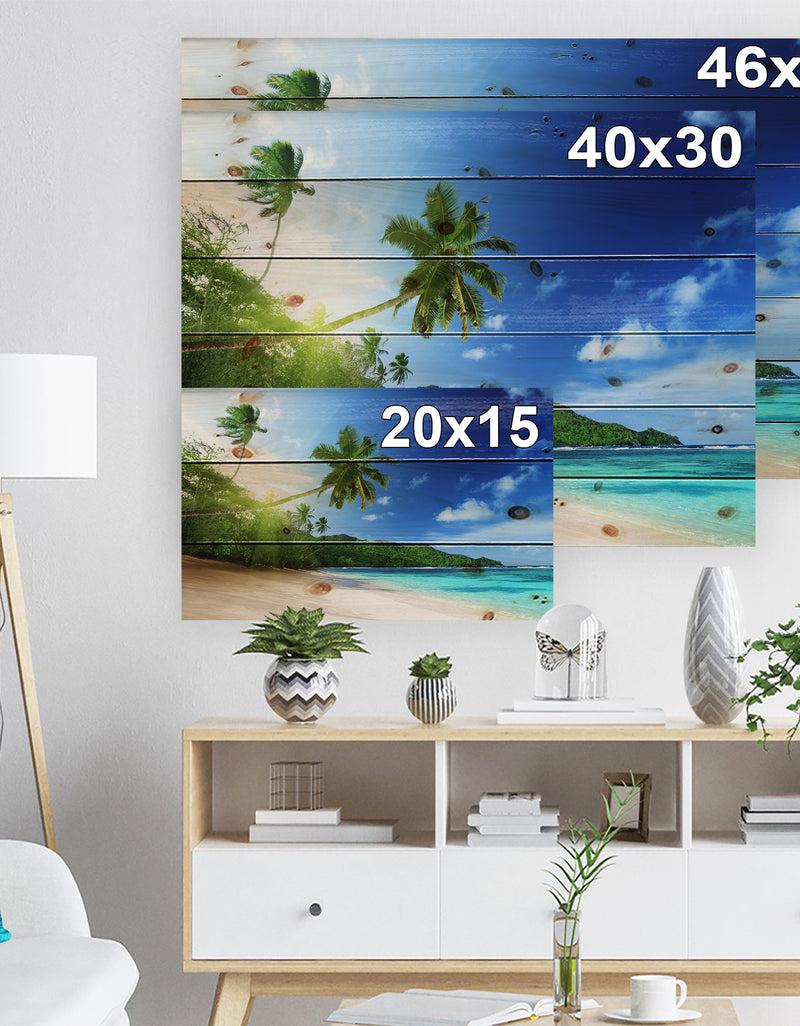DesignQ Sunset Beach With Palm - Landscape Photography Print On Natural Pine Wood