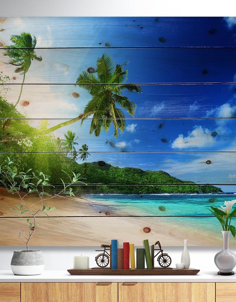 DesignQ Sunset Beach with Palm - Landscape Photography Print on Natural Pine Wood