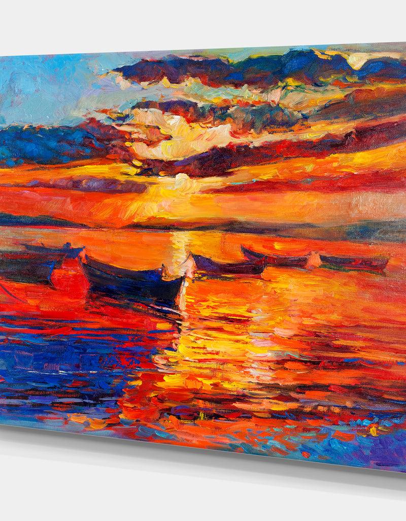 DesignQ Sunset Over Ocean - Nautical Painting Print On Wrapped Canvas