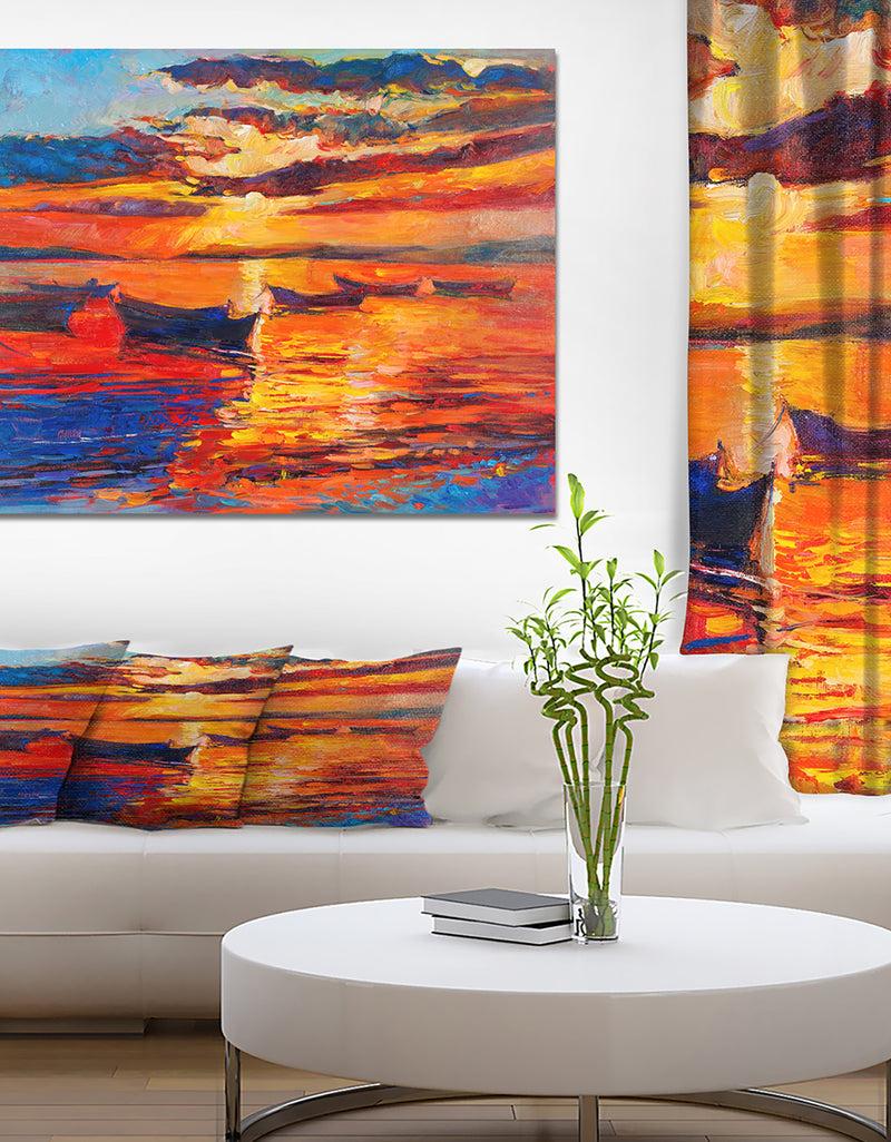 DesignQ Sunset over ocean - Nautical Painting Print on Wrapped Canvas