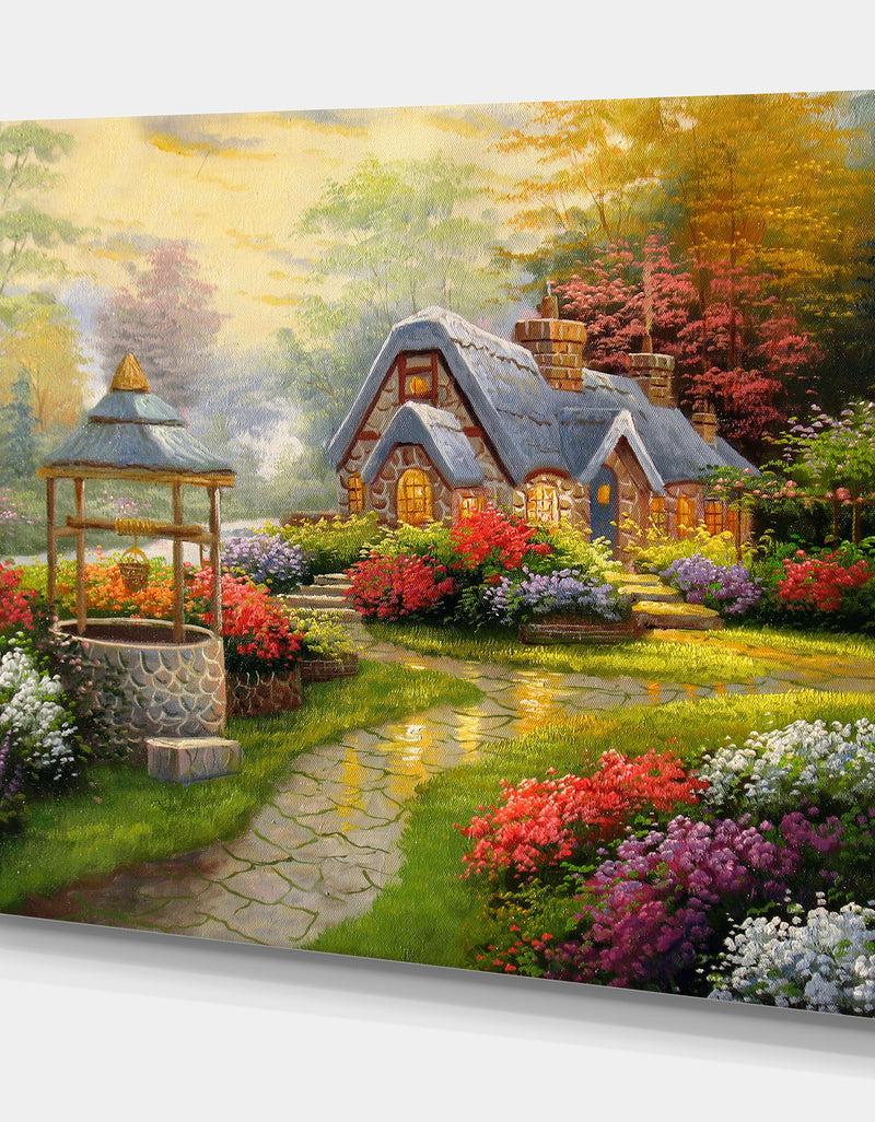 DesignQ Sunset Stone Country Cottage - Floral Painting Print On Wrapped Canvas