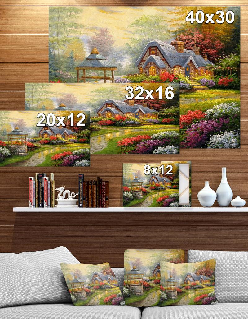 DesignQ Sunset Stone Country Cottage - Floral Painting Print On Wrapped Canvas