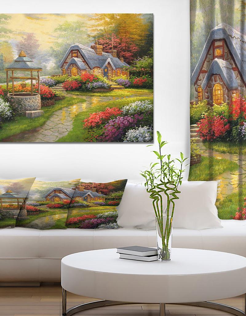 DesignQ Sunset Stone Country Cottage - Floral Painting Print on Wrapped Canvas