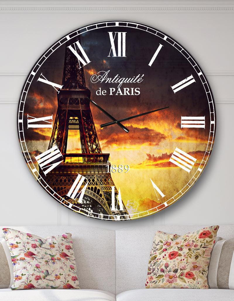 DesignQ Sunset View with Paris Eiffel tower - Cityscapes Large Wall CLock