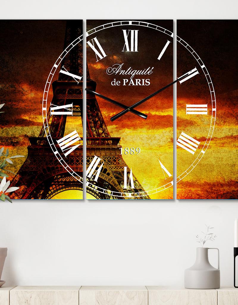 DesignQ Sunset View with Paris Eiffel tower - Cottage 3 Panels Oversized Wall CLock