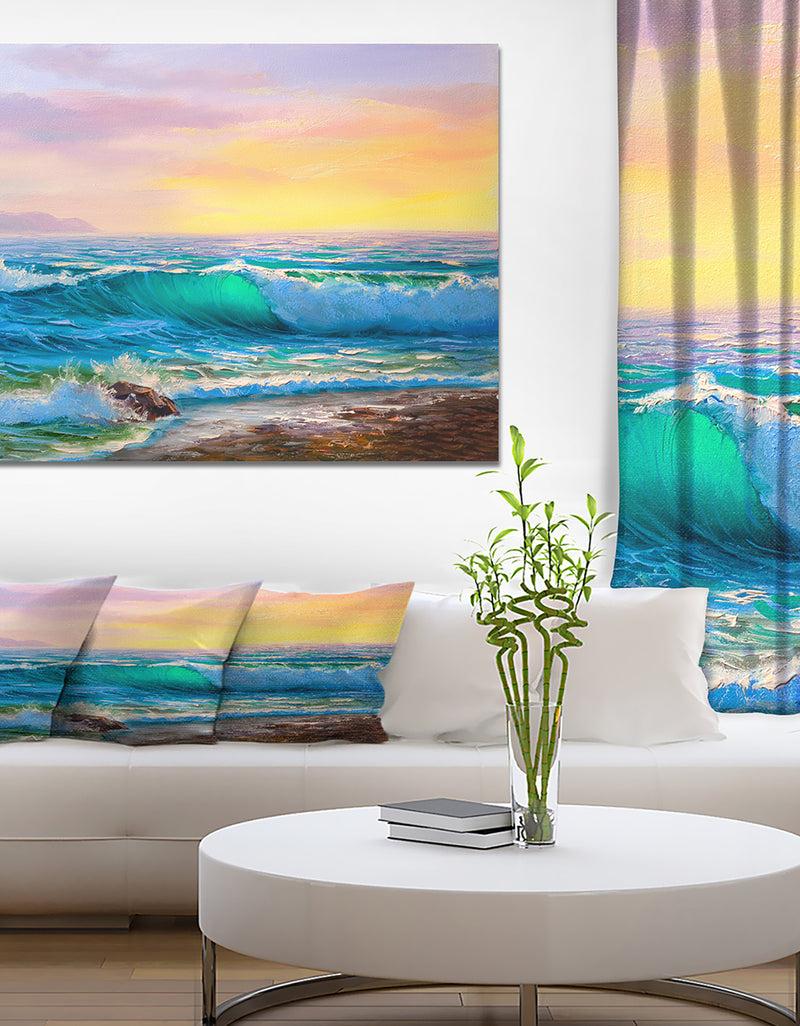 DesignQ Sunsets over ocean waves - Sea & Shore Painting Print on Wrapped Canvas