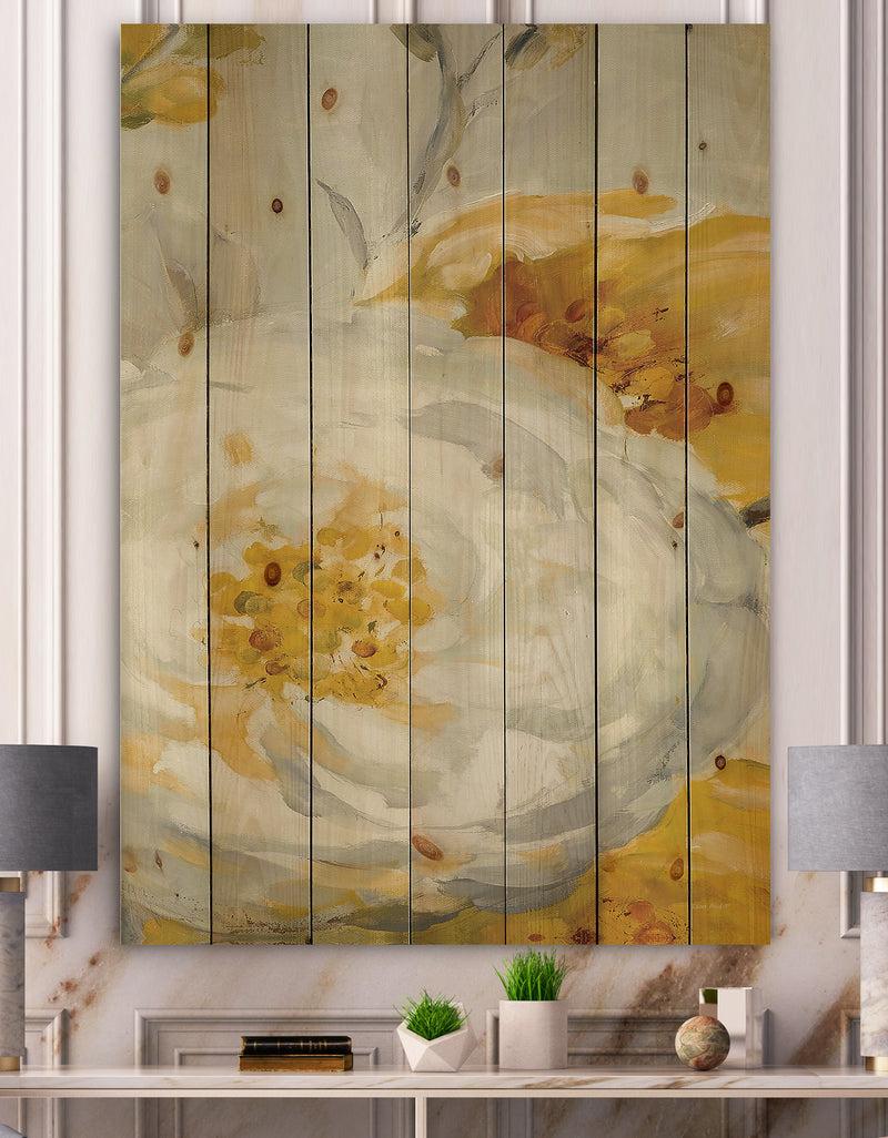 DesignQ Sunshine Yellow Flower I - Floral Print on Natural Pine Wood
