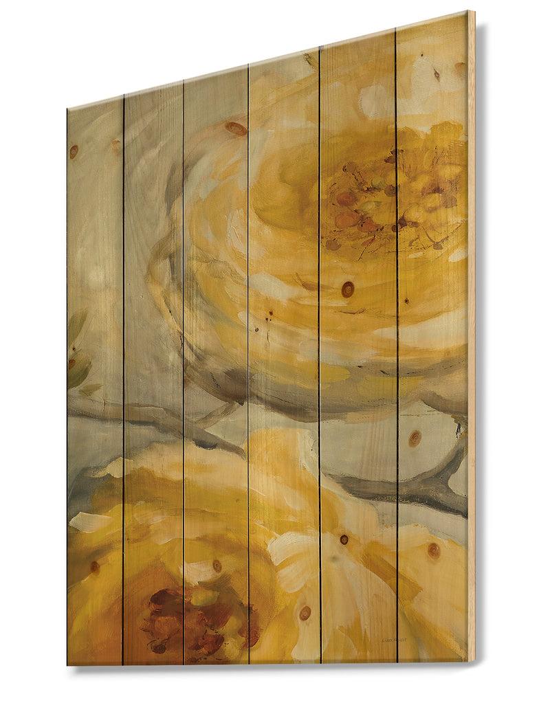 DesignQ Sunshine Yellow Flower III - Floral Print On Natural Pine Wood