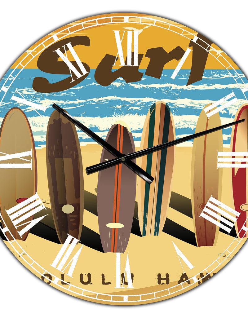 DesignQ Surfing In Honolulu Hawaii - Large Nautical & Coastal Wall Clock