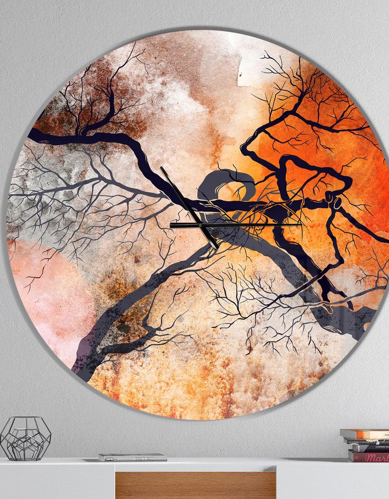 DesignQ Surrealistic trees with red sun - Oversized Modern Wall CLock