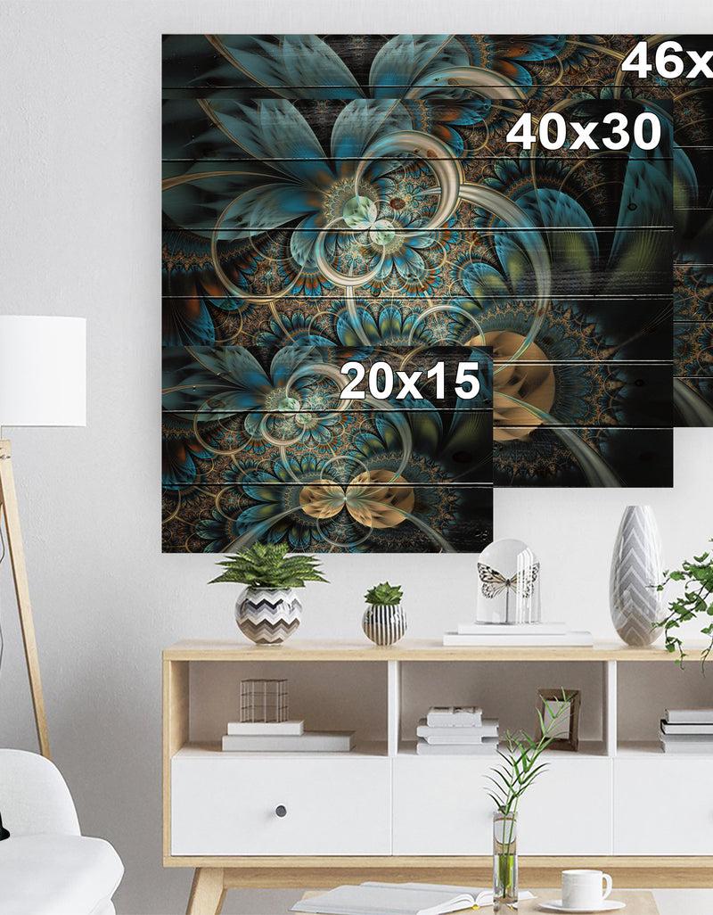 DesignQ Symmetrical Blue Gold Fractal Flower - Abstract Print On Natural Pine Wood