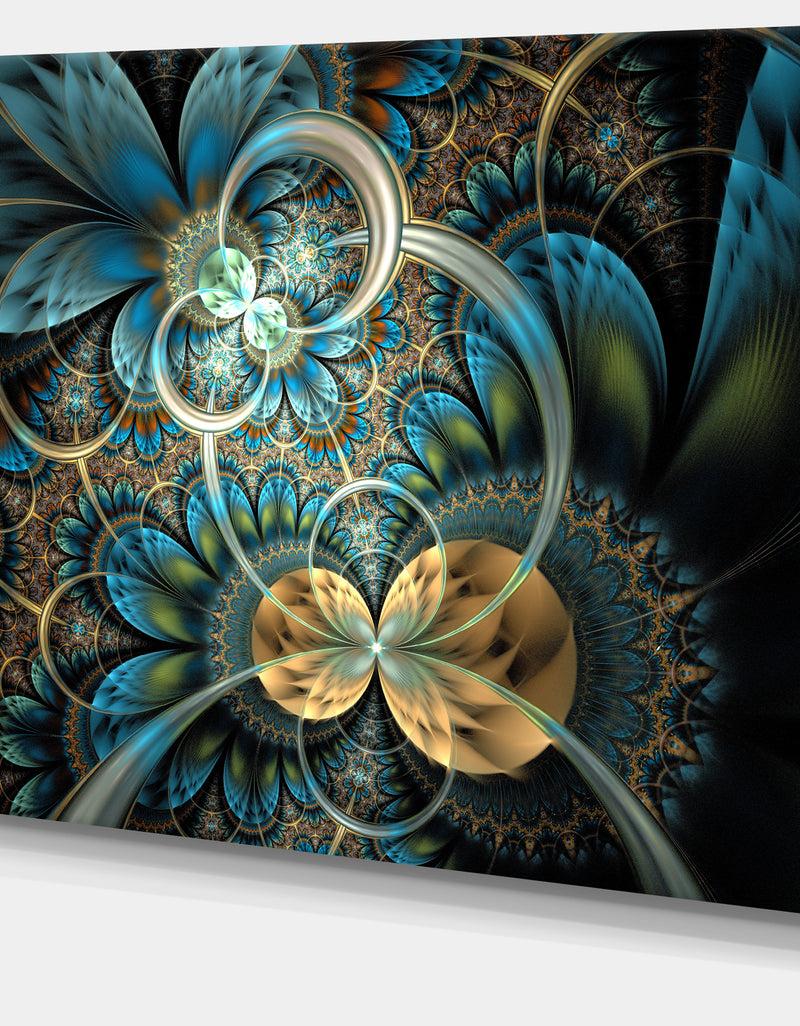 DesignQ Symmetrical Blue Gold Fractal Flower - Abstract Print On Canvas