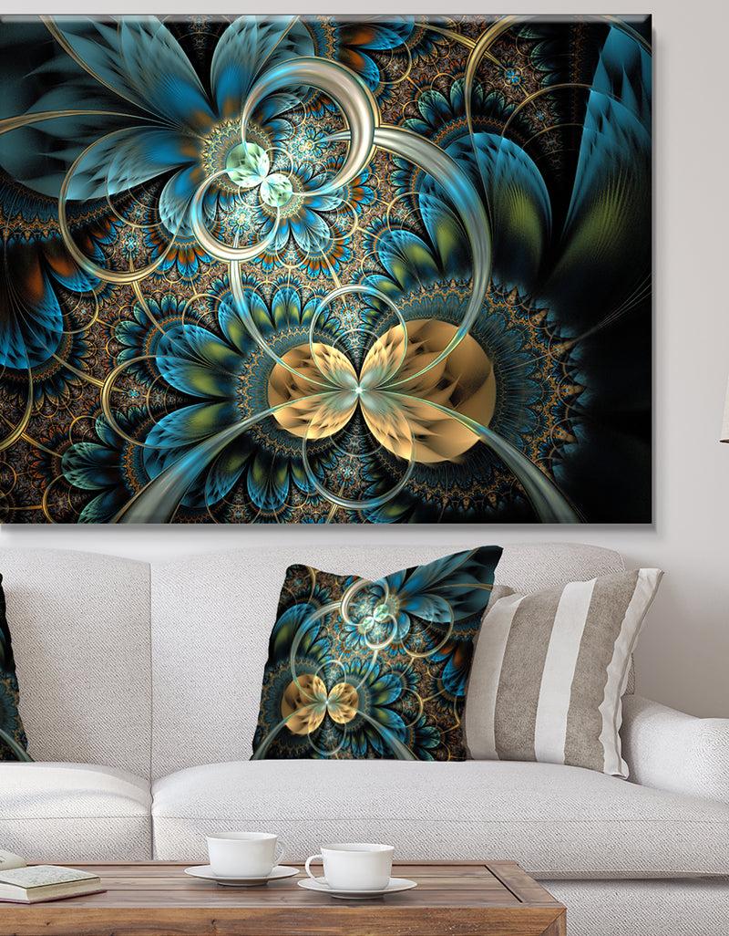 DesignQ Symmetrical Blue Gold Fractal Flower - Abstract Print On Canvas