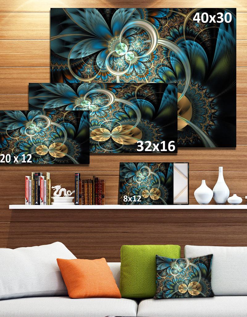 DesignQ Symmetrical Blue Gold Fractal Flower - Abstract Print On Canvas