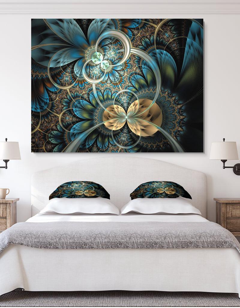 DesignQ Symmetrical Blue Gold Fractal Flower - Abstract Print On Canvas