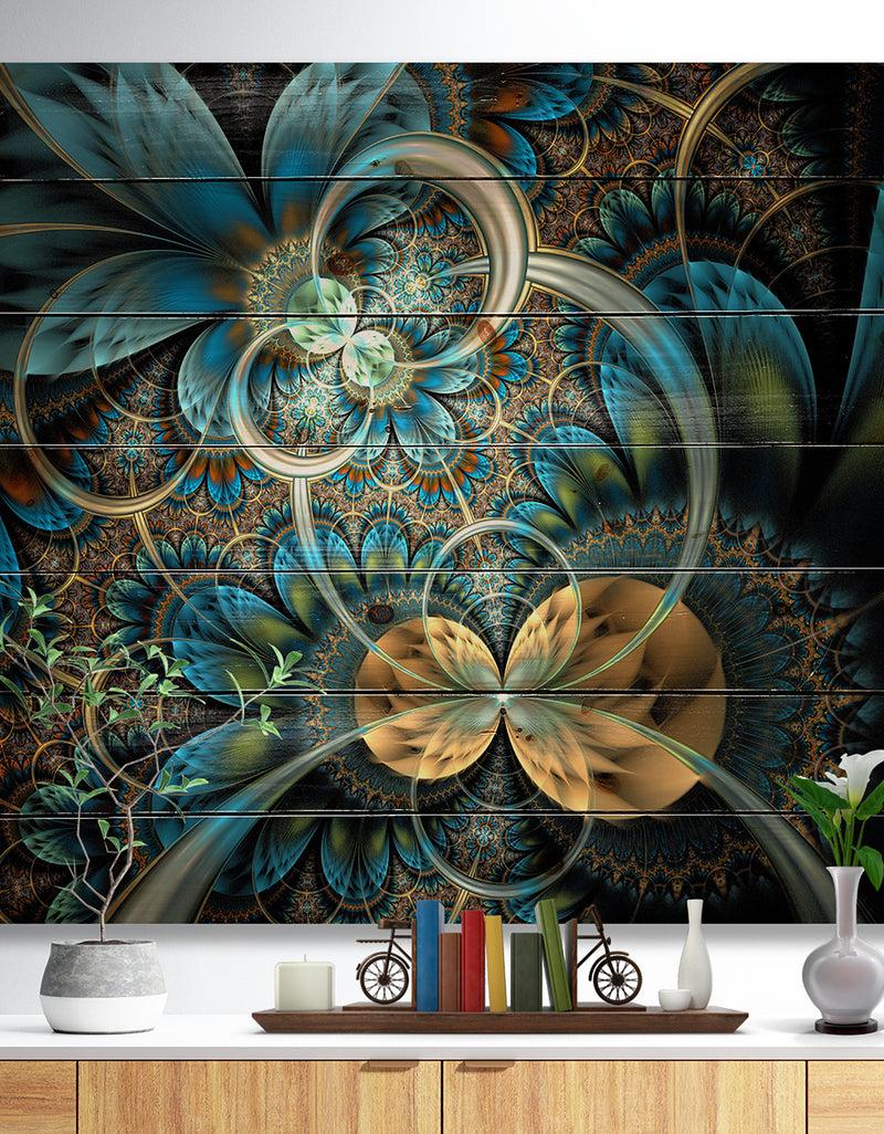 DesignQ Symmetrical Blue Gold Fractal Flower - Abstract Print on Natural Pine Wood