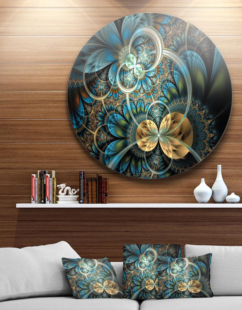 DesignQ Symmetrical Blue Gold Fractal Flower - Digital Art Circle Metal Wall Art