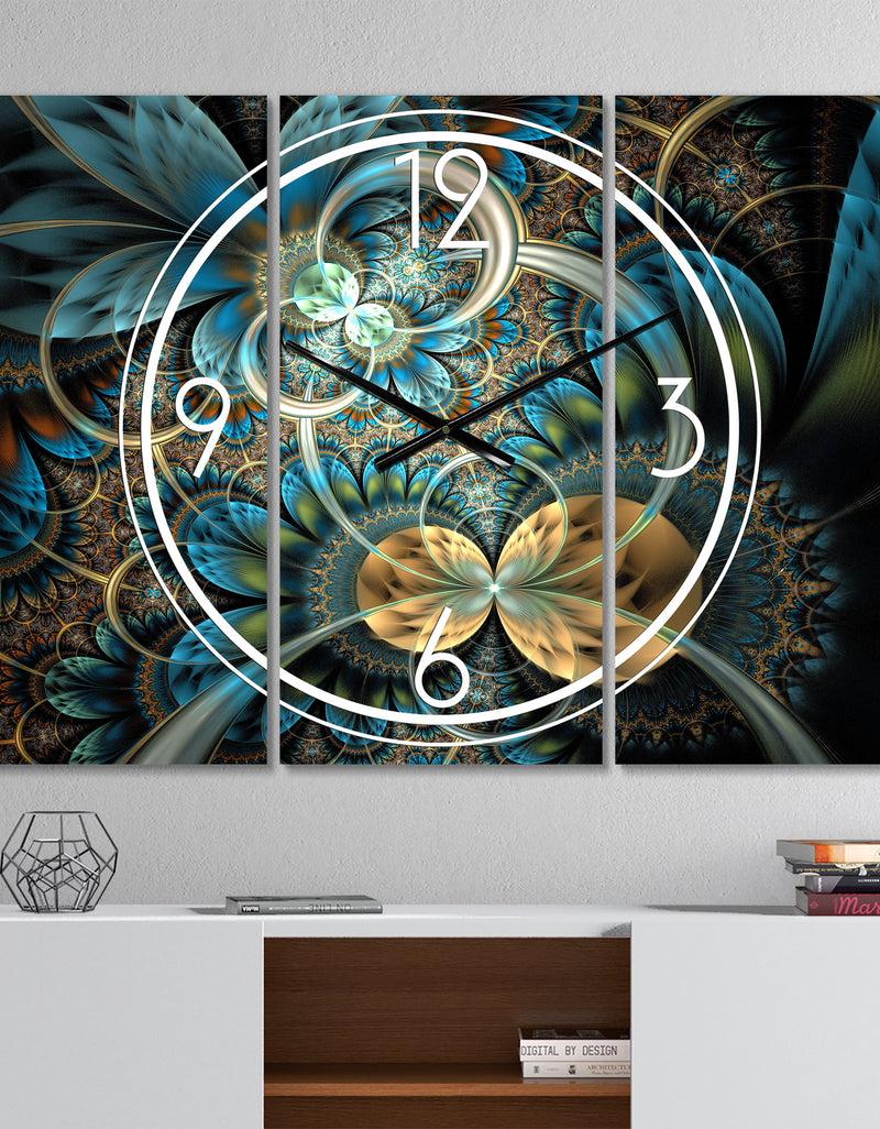 DesignQ Symmetrical Blue Gold Fractal Flower - Modern 3 Panels Large Wall CLock