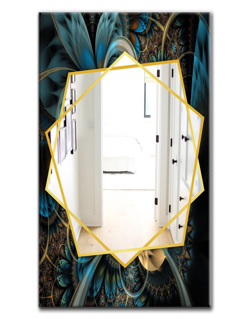 DesignQ Symmetrical Blue Gold Fractal Flower - Modern Mirror - Frameless Contemporary Wall Mirror