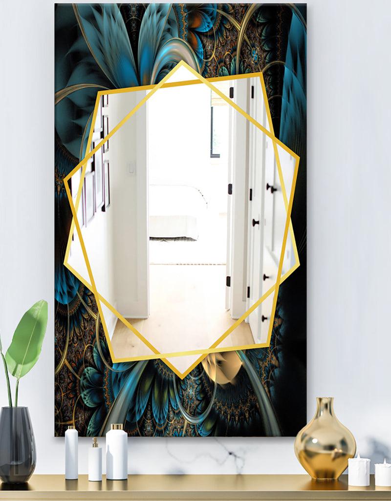 DesignQ Symmetrical Blue Gold Fractal Flower - Modern Mirror - Frameless Contemporary Wall Mirror