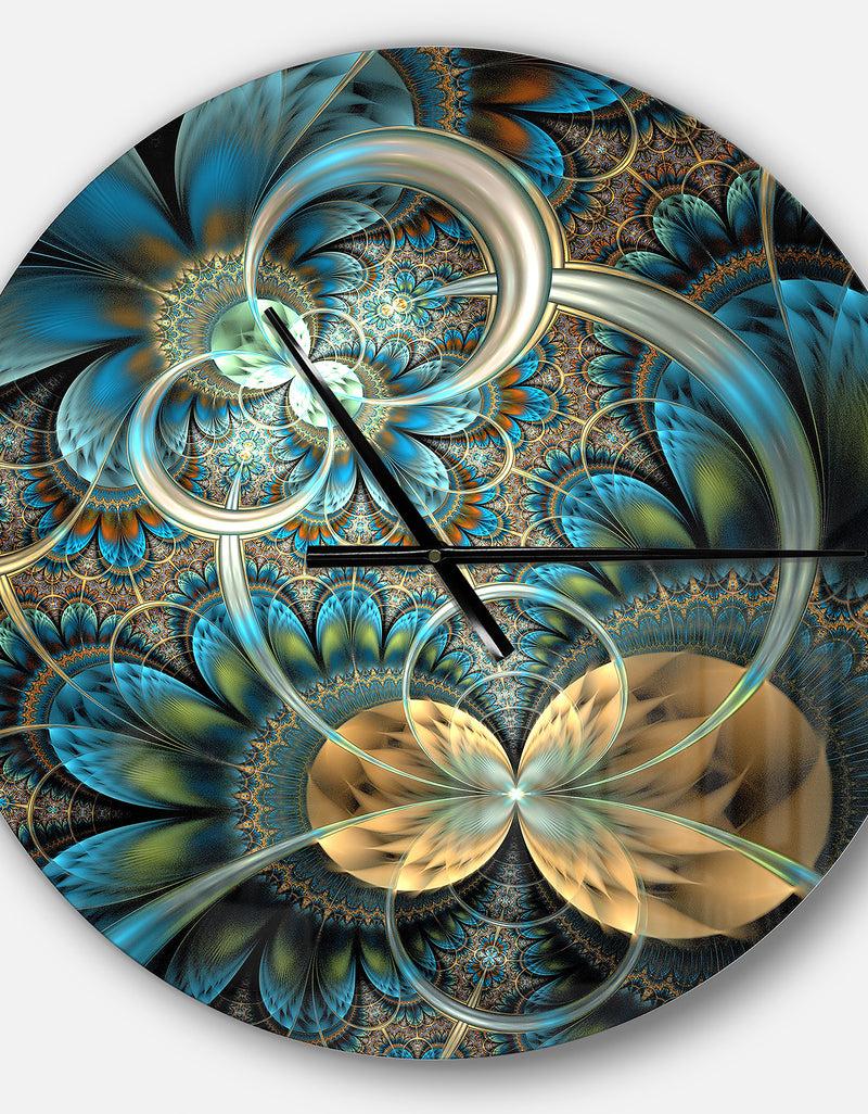 DesignQ Symmetrical Blue Gold Fractal Flower - Oversized Modern Wall CLock