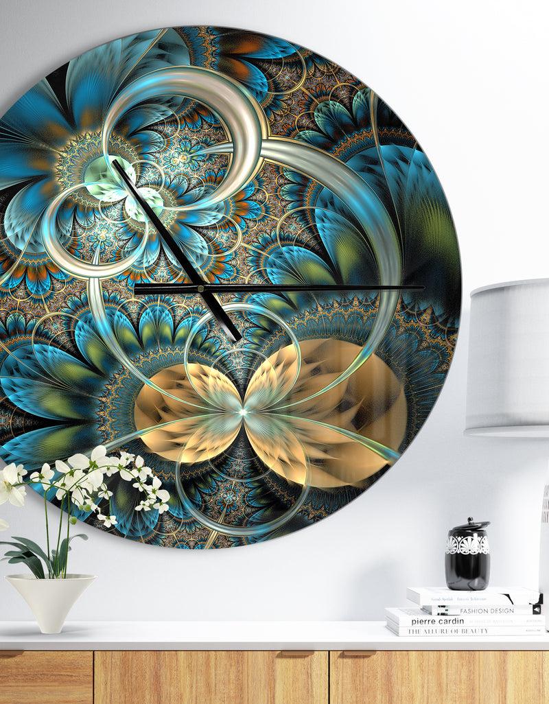 DesignQ Symmetrical Blue Gold Fractal Flower - Oversized Modern Wall CLock