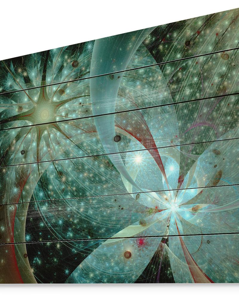 DesignQ Symmetrical Fractal Flower In Light Blue - Floral Print On Natural Pine Wood