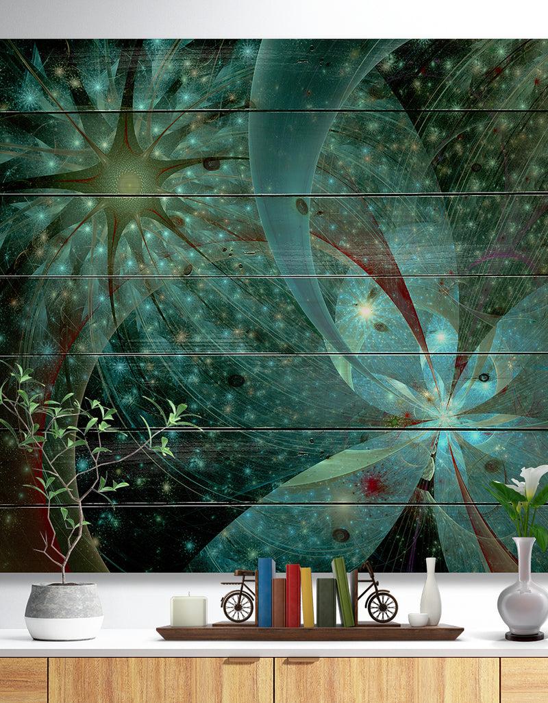 DesignQ Symmetrical Fractal Flower in Light Blue - Floral Print on Natural Pine Wood