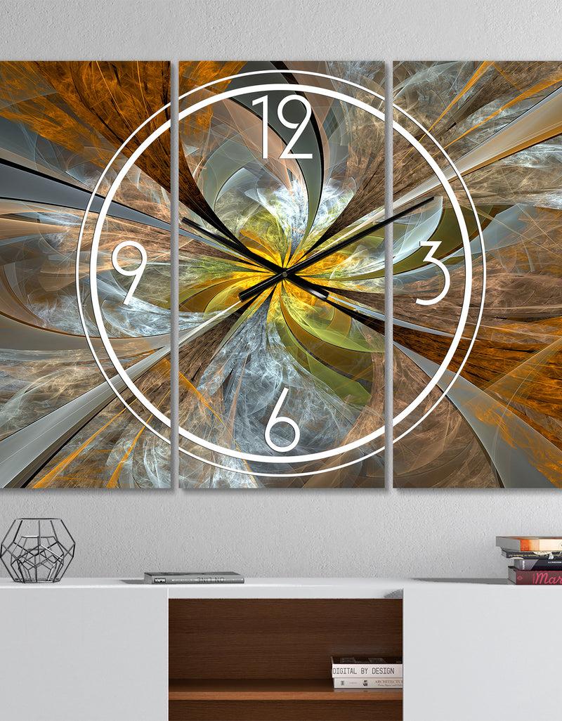 DesignQ Symmetrical Yellow Fractal Flower - Modern 3 Panels Oversized Wall CLock