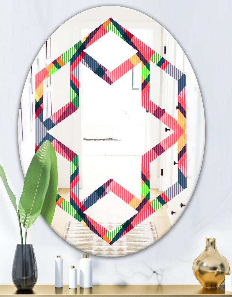 DesignQ Tartan Geometrical Texture I - Modern Round Or Oval Wall Mirror - Hexagon Star