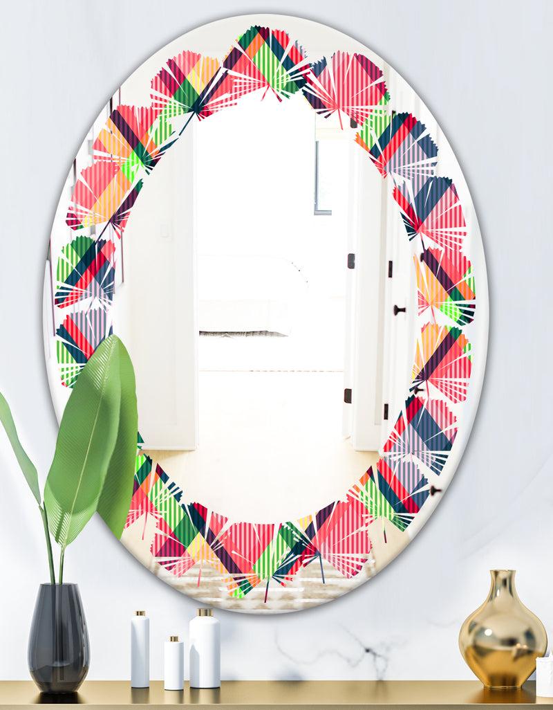 DesignQ Tartan Geometrical Texture I - Modern Round Or Oval Wall Mirror - Leaves