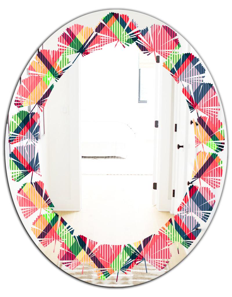 DesignQ Tartan Geometrical Texture I - Modern Round Or Oval Wall Mirror - Leaves