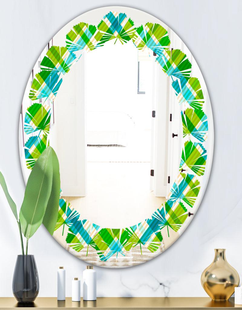 DesignQ Tartan Geometrical Texture II - Modern Round Or Oval Wall Mirror - Leaves