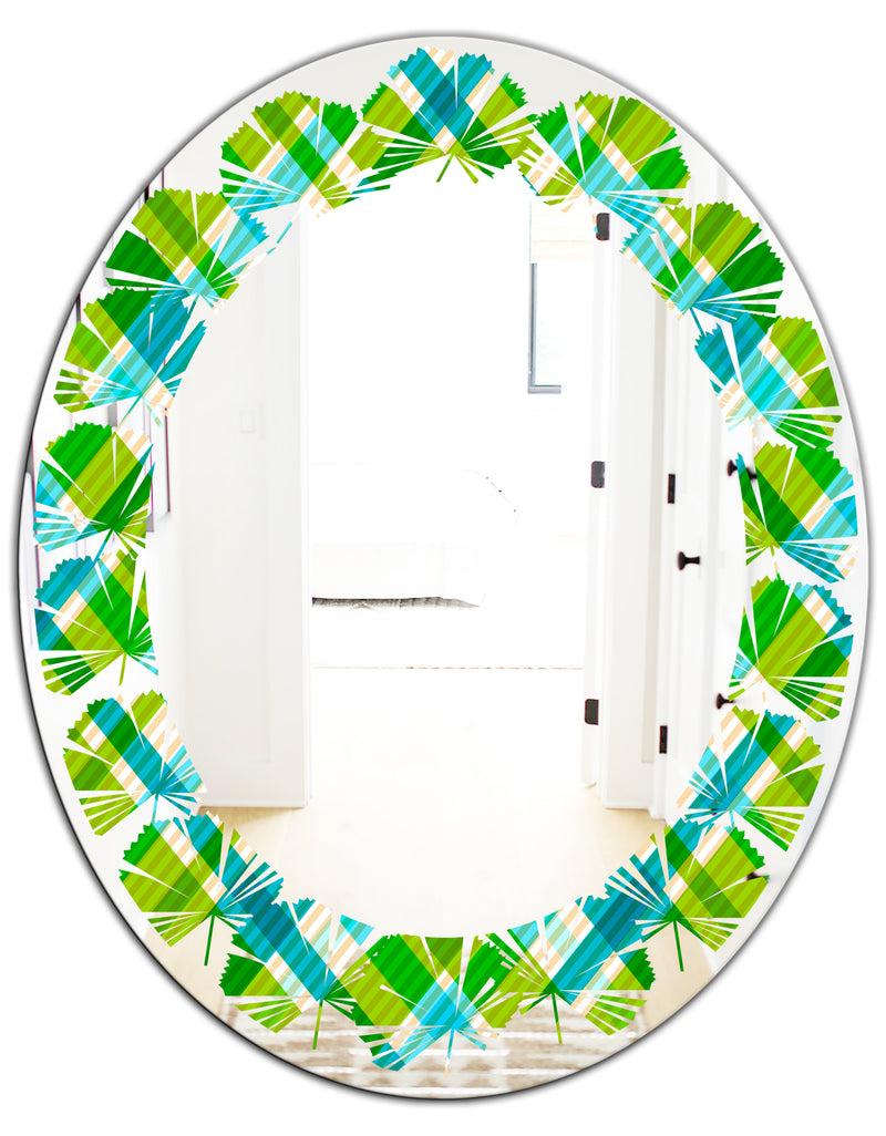 DesignQ Tartan Geometrical Texture II - Modern Round Or Oval Wall Mirror - Leaves