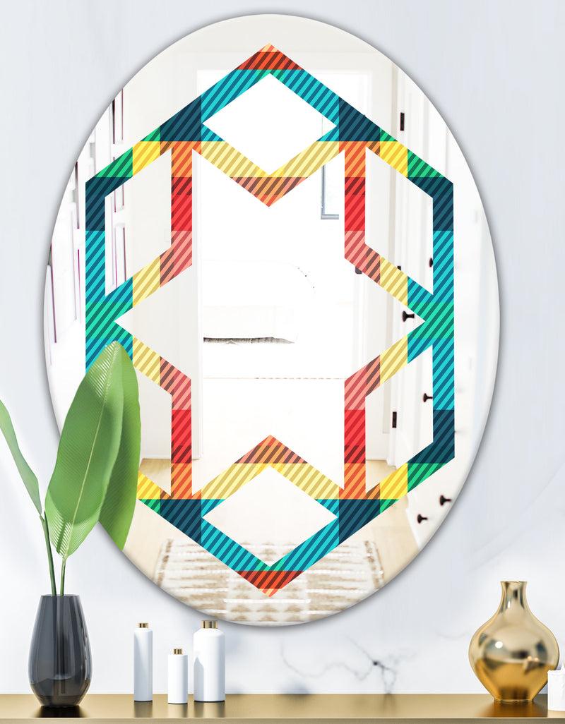 DesignQ Tartan Geometrical Texture III - Modern Round Or Oval Wall Mirror - Hexagon Star