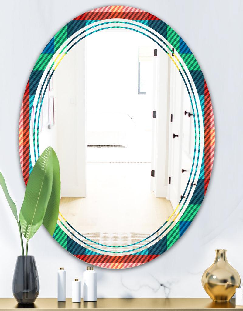 DesignQ Tartan Geometrical Texture III - Modern Round Or Oval Wall Mirror - Triple C